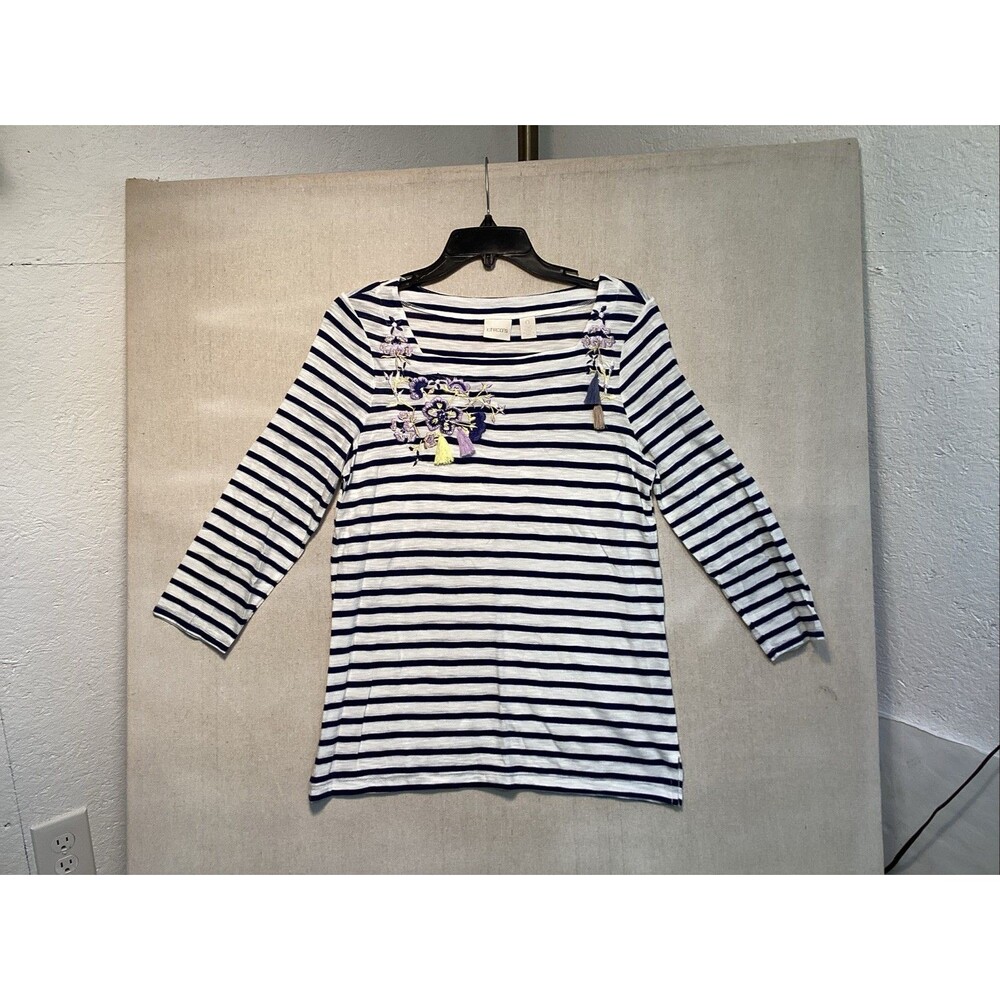 chicos size 0 tops 3/4 sleeve striped floral tassels